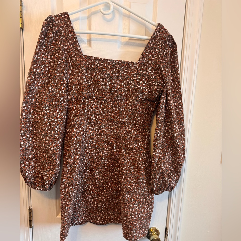 Free People Call Me Cord Mini Dress Floral Puff Sleeve Corduroy Bohemian Boho - Picture 6 of 12